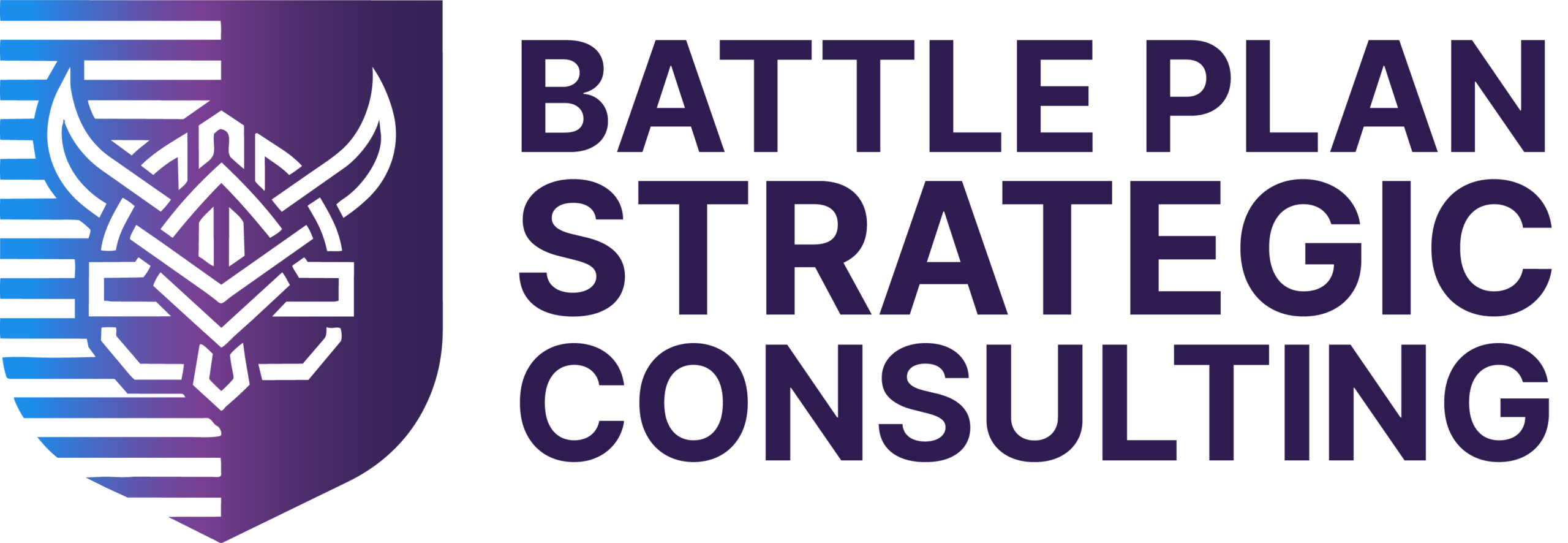 Shield logo with a stylized helmet on the left, and the text "BATTLE PLAN STRATEGIC CONSULTING" in bold capital letters on the right.